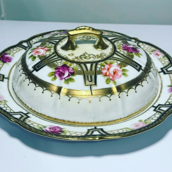 Antique Noritake Nippon Rose Cheese Plate Domed Vented Lid, Hand Painted is brea - Picture 5 of 17